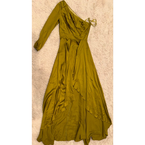 NEW Mac Duggal Ieena High Low One Shoulder Flowy Chartreuse Gown sz 4 - Picture 2 of 5